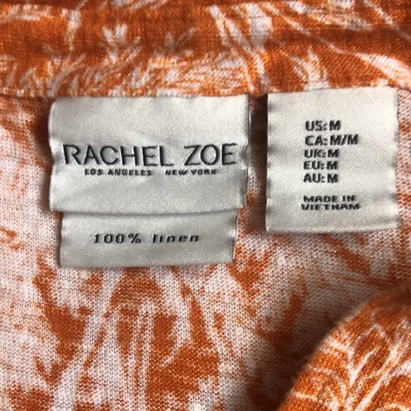 Rachel Zoe Linen Orange Floral Short Sleeve V-Neck Blouse Top - Picture 4 of 4